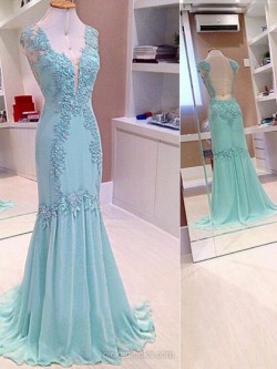 Shop Chiffon V-neck Sweep Train Trumpet/Mermaid Appliques Lace Ball Dresses in New Zealand