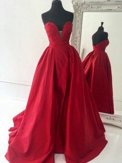 Shop Original A-line V-neck Red Satin Sweep Train Ruffles Backless Ball Dresses in New Zealand