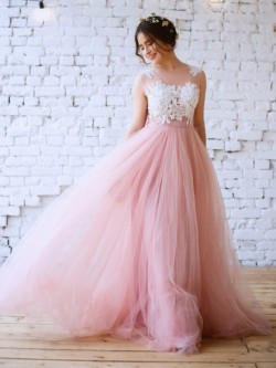 Shop Princess Scoop Neck Tulle with Appliques Lace Floor-length Pink New Arrival Ball Dresses in ...