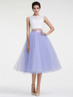Shop Tea-length Scoop Neck Tulle with Appliques Lace Ball Gown Two Piece Perfect Ball Dresses in ...