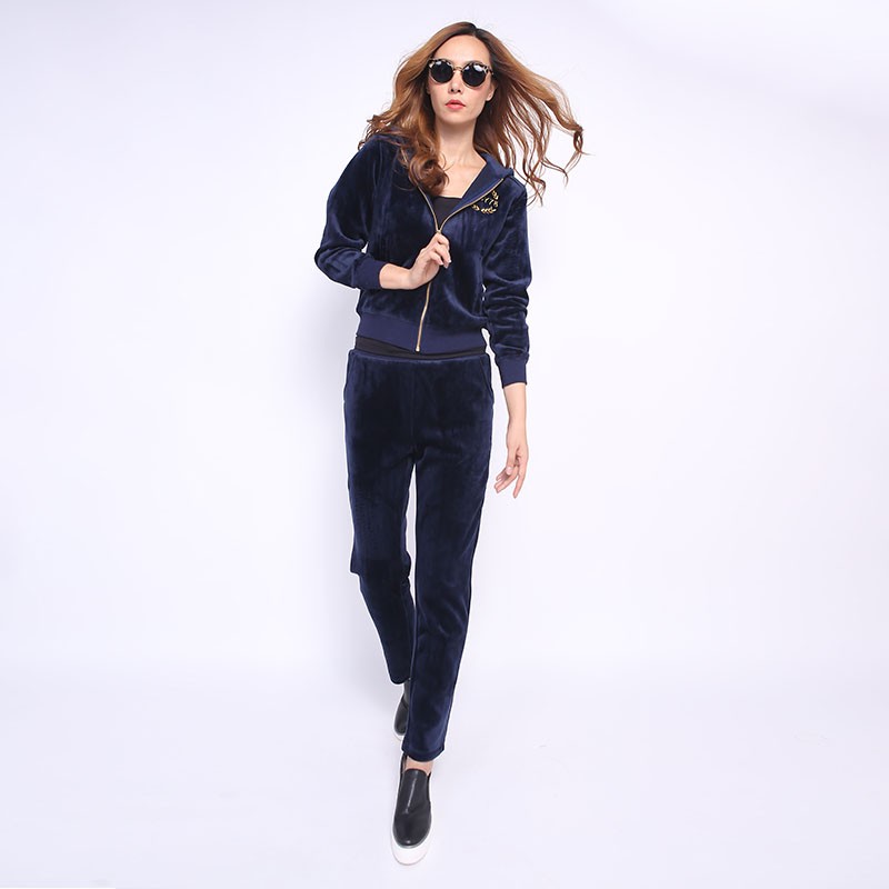 Juicy Couture FW2017 Velour Tracksuit 2pcs Studded Paddy Juicy Logo Women Suits Navy Blue
