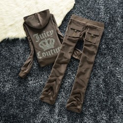 Juicy Couture Studded Logo Crown Velour Tracksuit 605 2pcs Women Suits Coffee