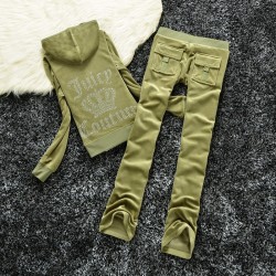 Juicy Couture Studded Logo Crown Velour Tracksuit 605 2pcs Women Suits Military Green