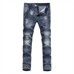 Philipp Plein SS2017 Mens Long Jeans Straight Holes Patchs Navy
