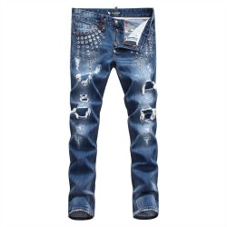 Philipp Plein SS2017 Mens Long Jeans Straight Rivets Holes Navy