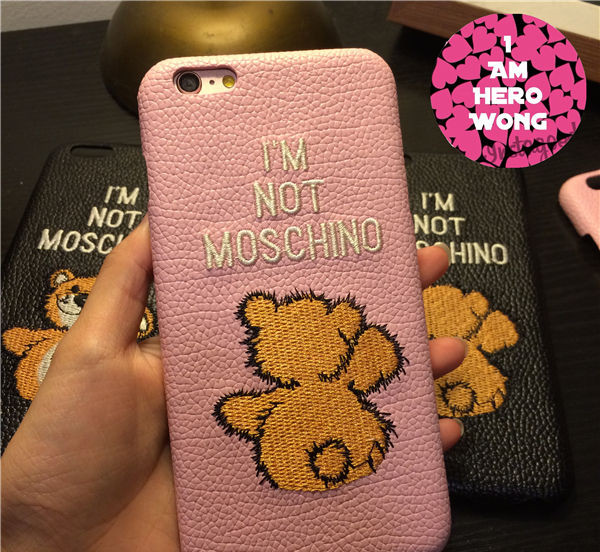 iphone7 ケースブランドモスキーノ正規品MOSCHINOテディベア熊クマ革貼りiPhone6s Plus本革刺繍携帯カバー