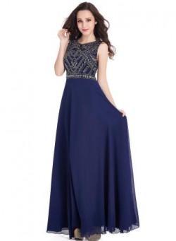 Vintage Dark-Navy Sleeveless Crystals Chiffon Long Prom Dresses_Cheap Dresses In Stock_Online We ...
