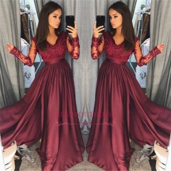 Long Sleeve Burgundy Lace Prom Dress 2018 Cheap V-neck New Arrival Formal Evening Dress with Spl ...