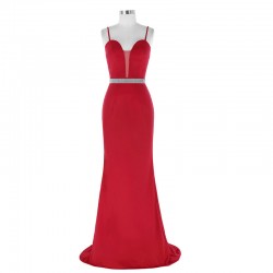 Sexy Spaghetti Straps Sweetheart Sheer Insert Red Evening Dresses With Beaded Belt [ES1708] R ...