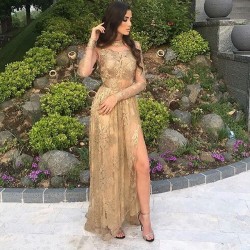Tulle Appliques Sexy Long-Sleeves Side-Slit High-Neck Gold Prom Dresses_Prom Dresses 2018_Prom D ...