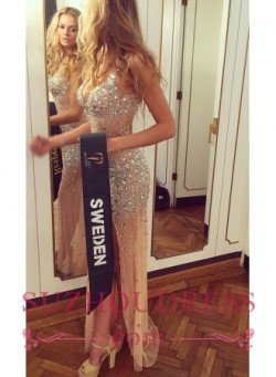 V-neck Sleeveless Sheer Tulle Sexy Prom Dresses 2018 Side Slit Crystals Beads Evening Gown_Prom  ...