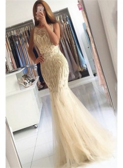Beaded Crystals Mermaid Tulle Evening Dress Champagne 2017 Gorgeous Prom Dress BA6133_Evening Dr ...
