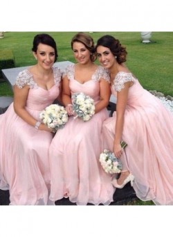 Cap Sleeves Pink Chiffon Cheap Bridesmaid Dresses 2018 Appliques Maid of Dresses Online_Bridesma ...