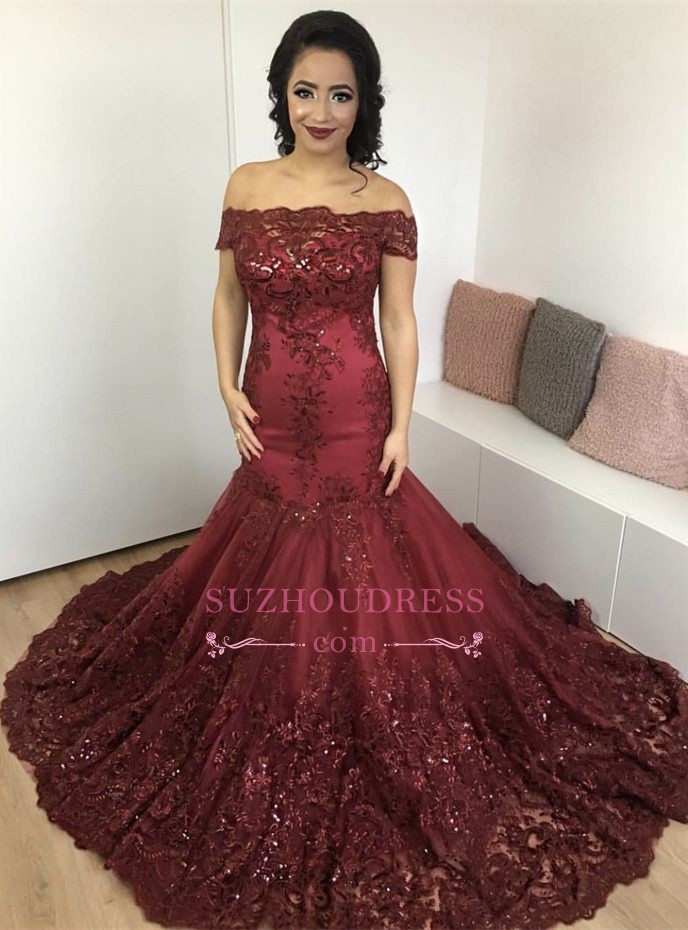 2018 Glamorous Burgundy Mermaid Appliques Lace Off-the-Shoulder Evening Dress_Evening Dresses_20 ...