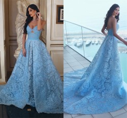 2018 Glamorous Sweetheart Lace Formal Evening Dresses 2018 A-line Ruffles Blue Prom Dress_Prom D ...