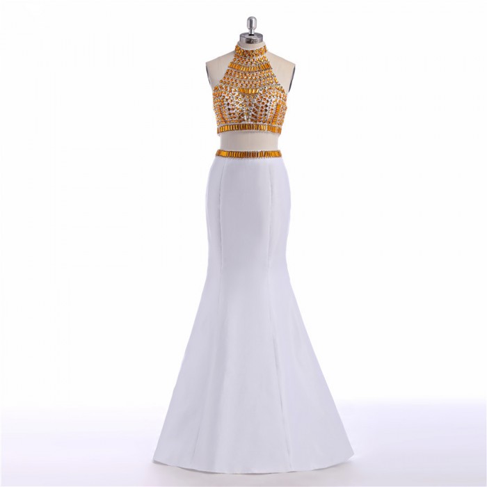 Modern Two Piece High Neck Gold Crystal Beaded White Stain Long Prom Dress [PS1717] – $165 ...
