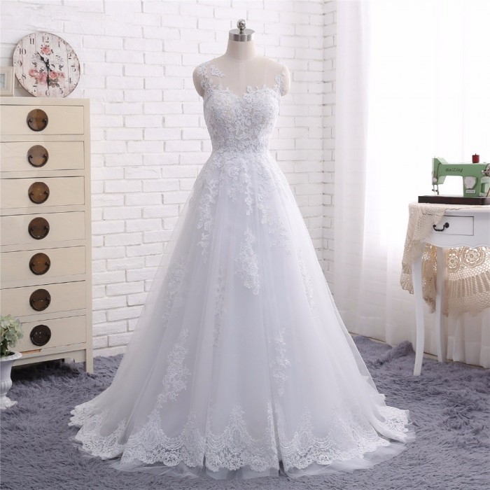 2018 New Arrival A Line Scoop Neck Lace Appliques Sheer Bridal Wedding Dress [WS1711] – $1 ...