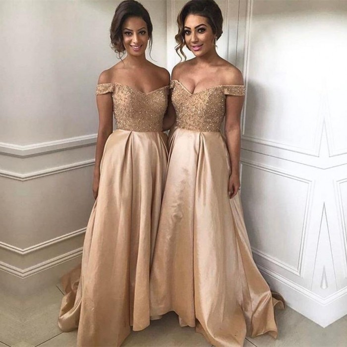 Off The Shoulder Bridesmaid Dresses 2018 Champagne Gold Sequins Dress for Maid of Honor_Bridesma ...