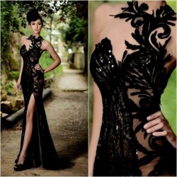 Sexy Front Split Black Lace Appliques Evening Gowns 2017 Beaded Sexy Formal Dresses BO7602_Eveni ...