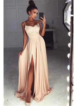 Straps Front Slit Sexy Prom Dress Lace Cheap Champagne Long Evening Dress 2017 BA7097_Prom Dress ...