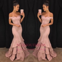Pink Off-the-Shoulder Mermaid Prom Dresses 2018 Tiered Simple Evening Gowns_Prom Dresses_2018 Sp ...