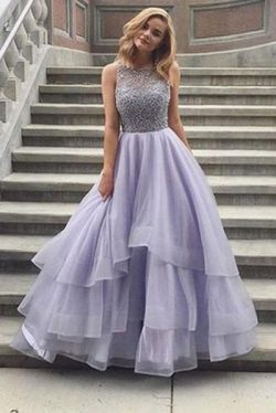 A Line Boat Prom Dress,Layers Tulle Appliques Beading Evening Dress – Ombreprom