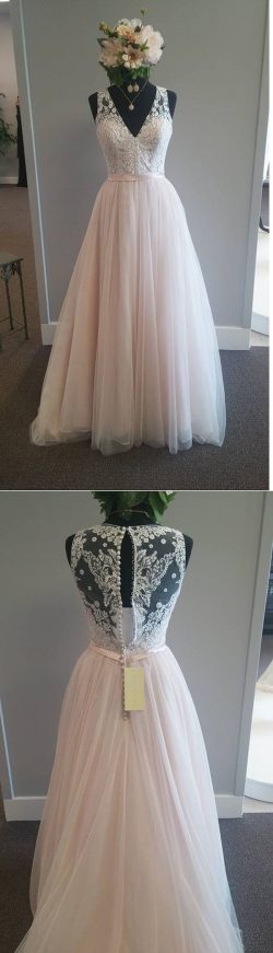 A Line Deep V Neck Sheer Back Appliques Cheap Wedding Gown,Beach Wedding Dress – Ombreprom