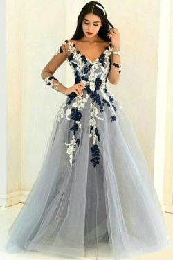 Gray Organza V Neck Prom Gown,A-line Long Prom Dresses,Formal Dresses,Prom Dresses