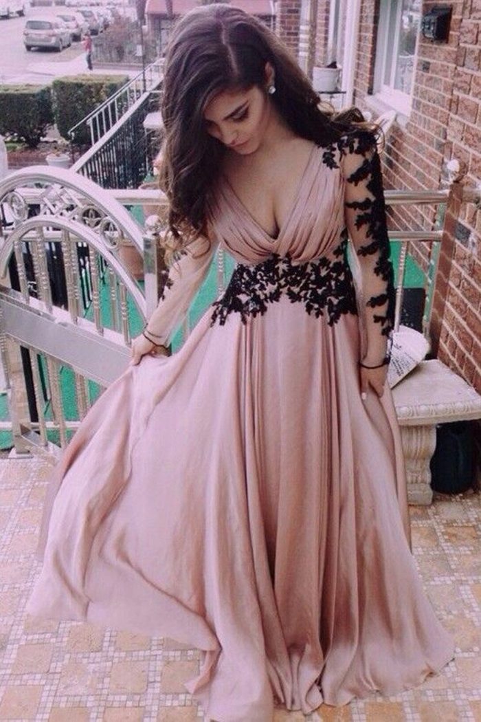 Lace Prom Dresses, Evening Prom Gowns, Long Sleeve V-Neck Prom Dresses