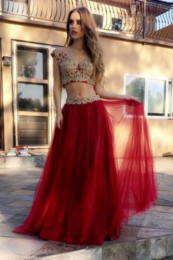 Red Two Piece A Line Floor Length Layers Appliques Prom Dress – Ombreprom
