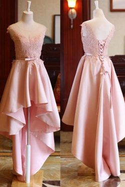 Shop Cheap High Low Scoop Lace Up Mid Back Satin Prom Dresses On Sale – Ombreprom