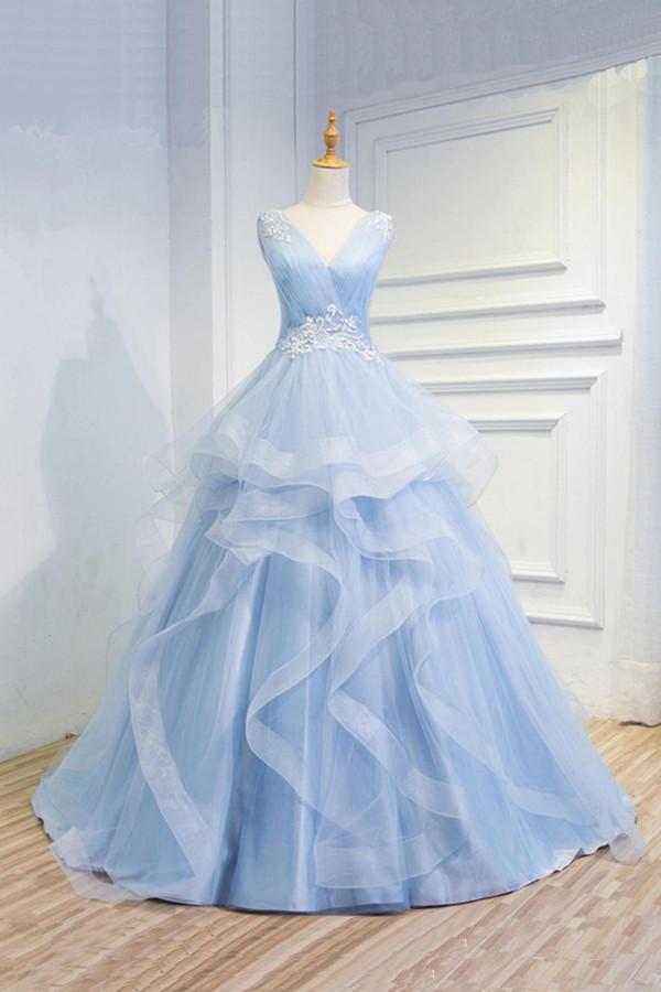 Sweetheart Baby Blue Organza V neck Ruffles Appliques Wedding Gowns – Ombreprom