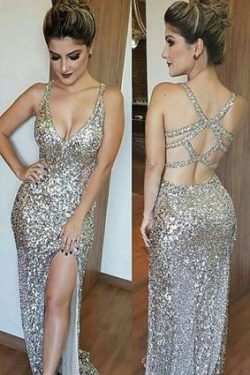 Luxurious Mermaid Long with Side Slit Sexy Backless Sequin V-Neck Sleeveless Prom Dresses uk PM772