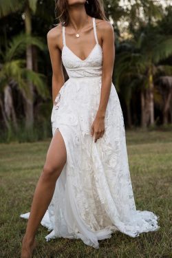 Charming Lace Long A-line Spaghetti Straps Split Beach Wedding Dress – Okdresses