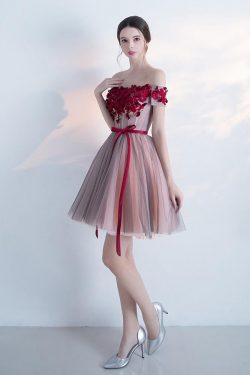 Elegant Off the shoulder Red Appliques A Line Homecoming Dress With Belt – Okdresses