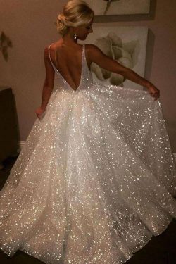 Sequins V-Neck Ivory Backless A-Line Sleeveless Elegant Plus Size Prom Dresses uk PH381