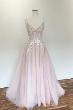 Light Pink V Neck Tulle Long Spaghetti Straps Appliques Prom Dress – Okdresses
