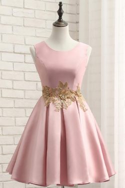 Pink A Line Sleeveless Ruched Homecoming Dress with Gold Appliques, Short Prom Dress – Simibrida ...