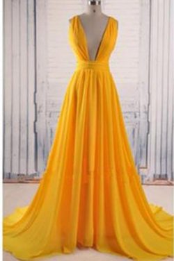 Yellow A Line V Neck Criss Cross Back Chiffon Long Prom Dress – Okdresses