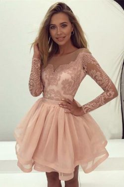 A-Line Long Sleeve Prom Gown,Pink Organza Short Homecoming Dress Lace – Okdresses