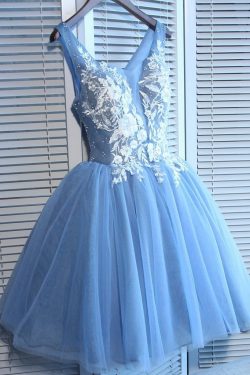 Blue Tulle A Line Lace Appliques Short Homecoming Dresses OKC51 – Okdresses