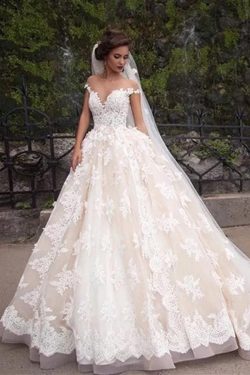 Gorgeous Sheer Neck Cap Sleeves Lace Appliques Wedding Dress, Light Champagne A Line Bridal Dres ...