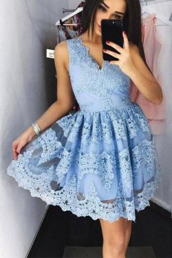 Mini V-Neck Blue Homecoming Dress,Lace Appliqued Sweet 16 Dress – Simibridaldress
