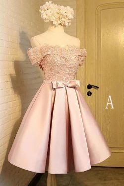 Off the Shoulder Short Prom Dress,A Line Appliques Bow-knot Homecoming Dress OKC85 – Okdresses