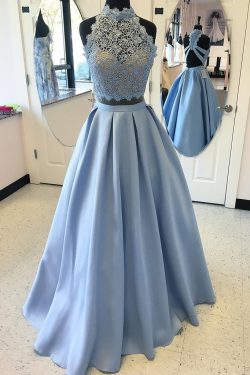 2 Piece Satin High Neck Prom Gown,Floor Length Prom Dress With Lace Top OKC76 – Okdresses