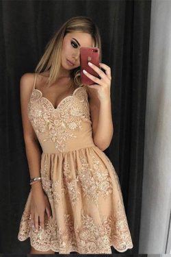 Stylish A-Line Spaghetti Straps Short Homecoming Dress with Lace Appliques OKD14 – Okdresses