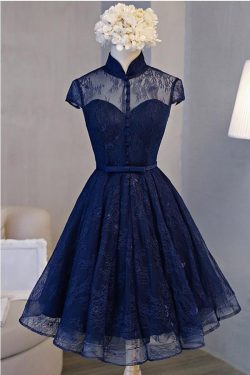 Vintage A-line High Neck Short Sleeve Navy Blue Lace Homecoming Dress – Okdresses