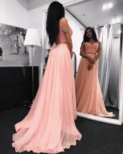Rosa Abendkleider Lang Günstig Schulterfrei Chiffon Abiballkleider Online