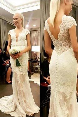 Chic Deep V Neck Short Sleeves Lace Applqiues Wedding Dresses W353