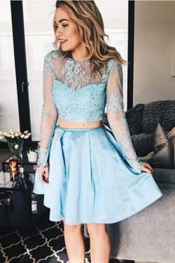 Cute Two Pieces Round Neck Long Sleeves Lace Homecoming Dress M601